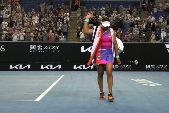 Naomi Osaka waives goodbye to Melbourne Park.