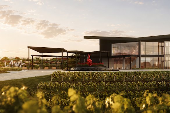 An artist’s impression of Laval’s grand entrance, including an enormous red Gillie and Marc Rabbitwoman sculpture water feature.