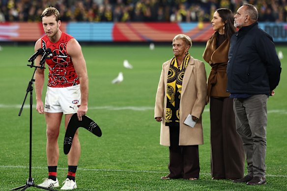 Essendon’s Darcy Parish is awarded best on ground.