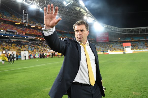 Ange Postecoglou celebrates the Socceroos’ victory in the 2015 Asian Cup final at Stadium Australia.