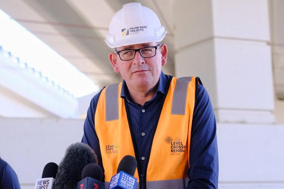 Premier Daniel Andrews addresses the media on Sunday.