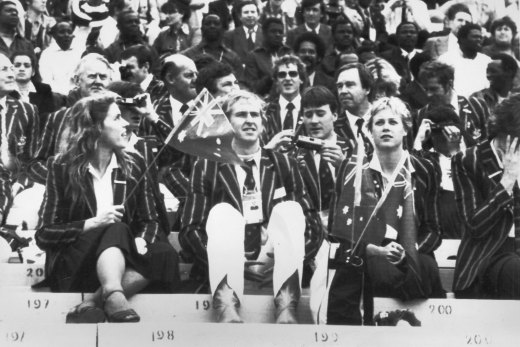 Australian Athletes sit in Lenin Stadium in Moscow watching the opening of the XXII Games.