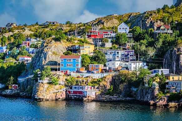 Colourful houses on a hillside overlooking The Narrows, an inlet that enters St John’s Harbour, Newfoundland.