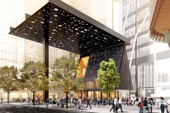 An artist's impression of the city plaza, as seen from in front of 200 George Street. 