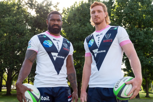 Brad Wilkin, right, has earned the respect of his teammates at Melbourne Rebels and been promoted to the leadership group along with Marika Koroibete, left. 