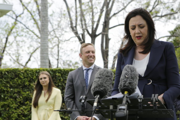 Environment Minister Meaghan Scanlon (left) at her swearing in by Premier Annastacia Palaszczuk after the 2020 election.