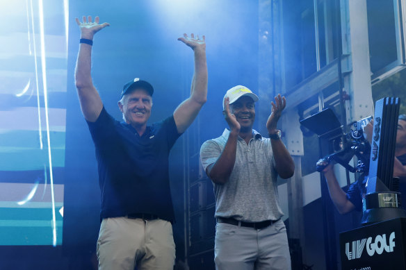 LIV Golf CEO Greg Norman and managing director Majed Al Sorour at a tournament in Boston in September.