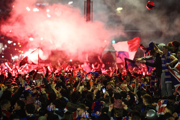 Rangers fans gathered in George Square in Glasgow to celebrate their team winning the Scottish Premiership title.