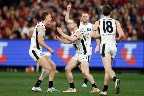 Carlton celebrate a goal during their semi-final win over Melbourne in the 2023 finals.