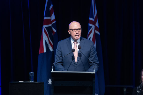 Federal Opposition Leader Peter Dutton addressing the state council in Melbourne on Saturday.