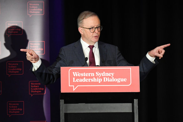 Which direction? Anthony Albanese delivers a speech at the Western Sydney Leadership Dialogue on Friday.