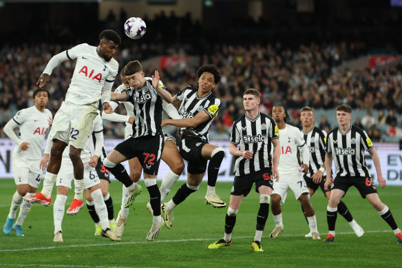 Emerson Royal of Tottenham attempts a shot on goal.