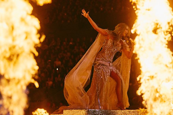 Exploding on the stage: Australia’s Delta Goodrem unleashes the power of the sun on stage at Eurovision.