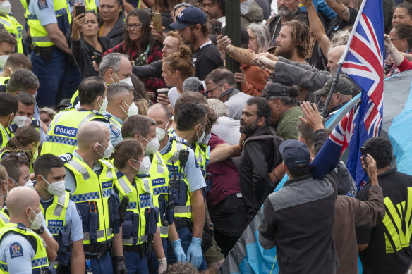 Police arrest people protesting against coronavirus mandates at Parliament in Wellington, New Zealand.