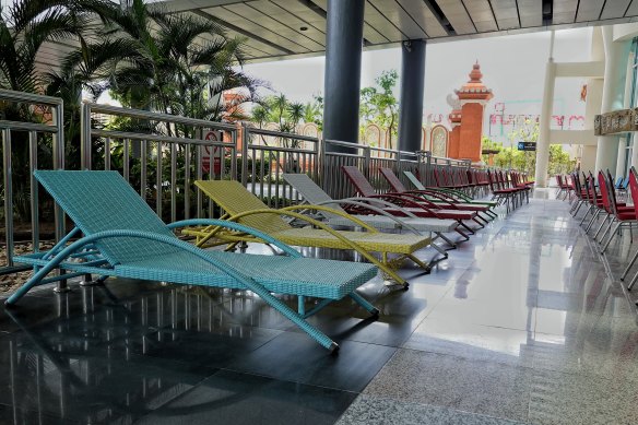 Pool chairs laid out at the airport to accommodate tourists as they arrive and undergo PCR testing.