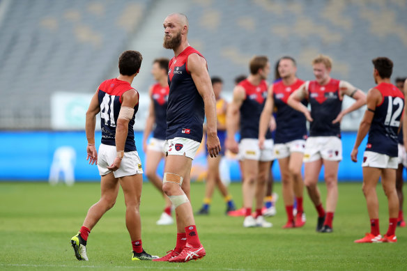 A despondent Max Gawn looks on after the Demons' round one loss. 