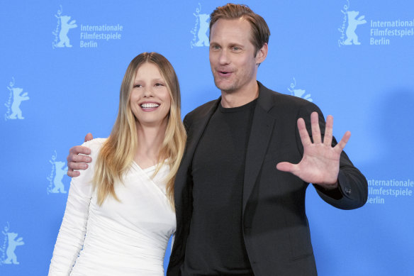 Skarsgard with Mia Goth attend a screening of Infinity Pool at the Berlin Film Festival.