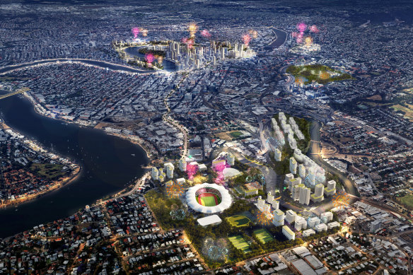 The proposed Brisbane Olympic Stadium at Albion with the proposed Olympic venues lit in the background.