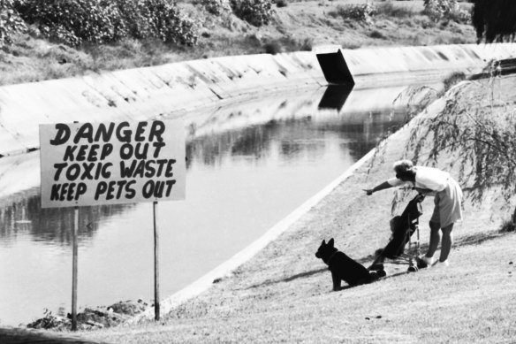 A homemade danger sign at the Cooks River at Campsie.