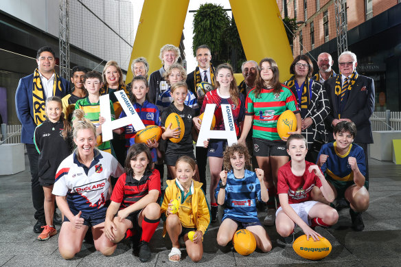 Rugby fans celebrate the World Cup announcements in Adelaide, including Premier Peter Malinauskas.