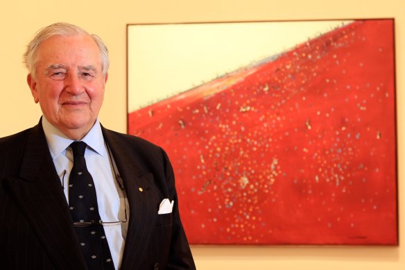 Business leader Sir Roderick Carnegie was a passionate collector of Australian art. He is pictured in 2012 at the NGV’s Fred Williams: Infinite Horizons exhibition.