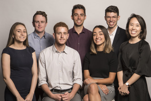 Laura (right) with her fellow Herald trainees from 2018, from left: Sarah Keoghan, Ben Weir, Max Koslowski, Josh Dye, Natassia Chrysanthos and Nick Bonyhady. Absent: Matt Bungard.