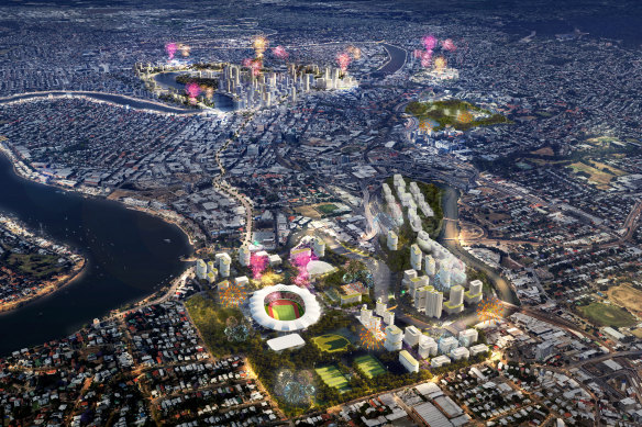 The proposed Brisbane Olympic Stadium at Albion with the proposed Olympic venues lit in the background.