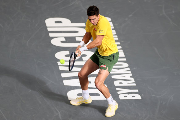 Thanasi Kokkinakis in action for Australia against Oscar Otte, of Germany, during their Davis Cup group stage tie in Hamburg on Sunday.