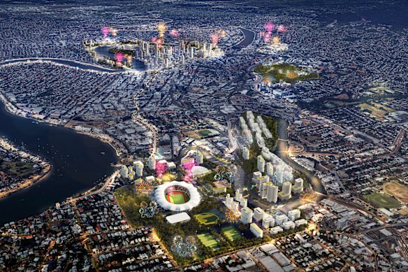 An artist’s impression for urban planners Urbis, showing a bridge from Teneriffe to Bulimba/Hawthorne (at left).