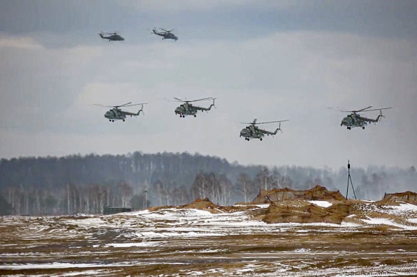 Military helicopters take part in the Belarusian and Russian joint military drills at Brestsky firing range, Belarus, earlier this month.