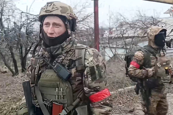 Two Russian soldiers in Avdiivka after Ukraine’s retreat from the town in February.