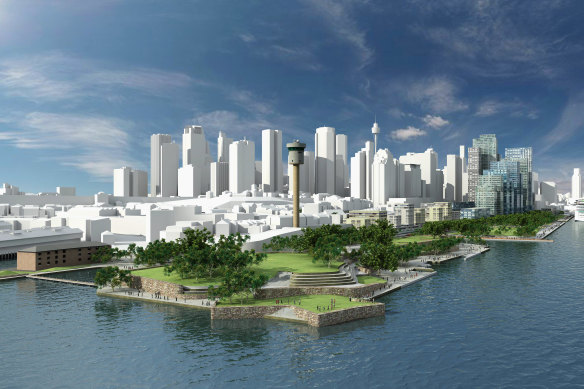 An early iteration of what East Darling Harbour might have looked like if the original concept plan was realised.