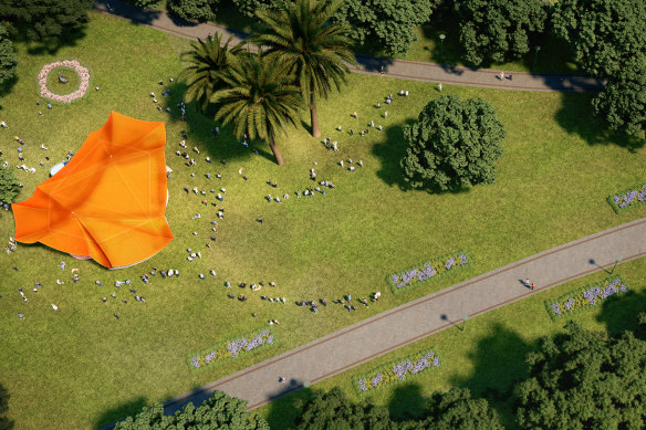 An artists render of the MPavilion from above in the Botanic Gardens. 
