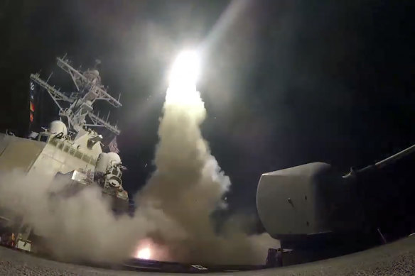 An image of a tomahawk missile launched from the guided-missile destroyer USS Porter. 
