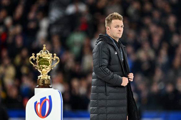 Sam Cane of New Zealand looks dejected after getting a red card.