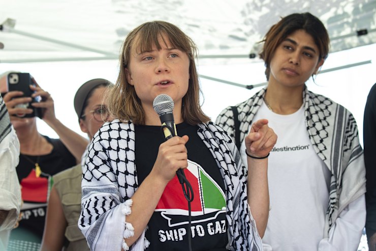 Climate‍ activist Greta ​Thunberg speaks to the ‌media before sailing to Gaza.