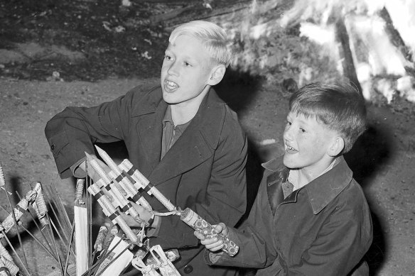 Local boys get ready to start Cracker Night  proceedings, Gore Hill , Sydney. May 1959.