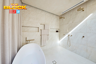 EMBARGO 16/08/2026 The Block 2026 Courtney and Sev Week 2 Family Bathroom Reveal