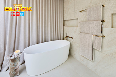 EMBARGO 16/08/2026 The Block 2026 Courtney and Sev Week 2 Family Bathroom Reveal