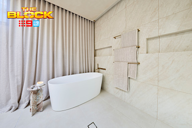 EMBARGO 16/08/2026 The Block 2026 Courtney and Sev Week 2 Family Bathroom Reveal