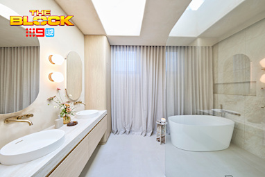 EMBARGO 16/08/2026 The Block 2026 Courtney and Sev Week 2 Family Bathroom Reveal