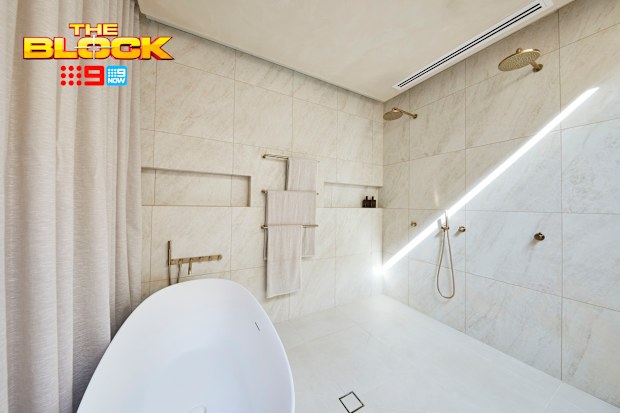 EMBARGO 16/08/2026 The Block 2026 Courtney and Sev Week 2 Family Bathroom Reveal