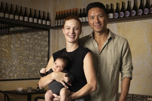 Owners Nicole Galloway and Peter Lew with newborn baby Louie.