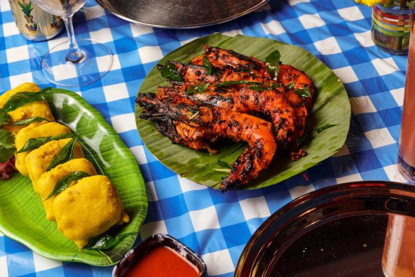 Paneer pakora (left) and prawn tikka marinated in pickles and yoghurt.