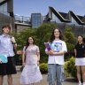 Cormac Murphy, 16, Nina Zepcan, Taleaha Kops, 16 and Naomi Yang, 17 at Monash University, Clayton. VCE Summer Tutor is a summer program for disadvantaged kids heading into VCE.