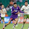Christopher Long of the Roar runs with the ball across the ground during the round 13 A-League Men match between Perth Glory and Brisbane Roar at HBF Park.