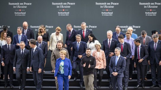 Ukrainian President Volodymyr Zelenskyy, centre right, with heads of states after a group picture during the summit on peace in Ukraine in Switzerland.