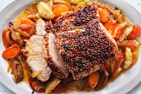Danielle Alvarez’s mustard-glazed pork pot roast with apples and carrots.
