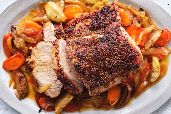 Danielle Alvarez’s mustard-glazed pork pot roast with apples and carrots.