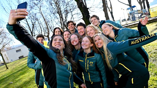 Team Australia athletes pose for a photo  in Italy after the Olympic team announcement in January. 